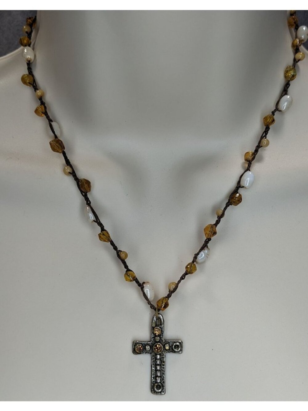 Boho Whimsigoth Express Beaded Cross Pendant Necklace Rustic Amber White Mixed B